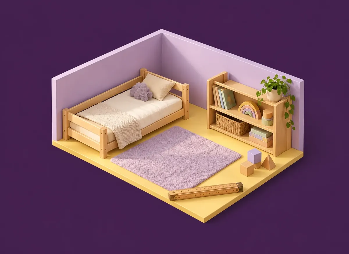 Quarto em miniatura com cama, estante e régua de madeira